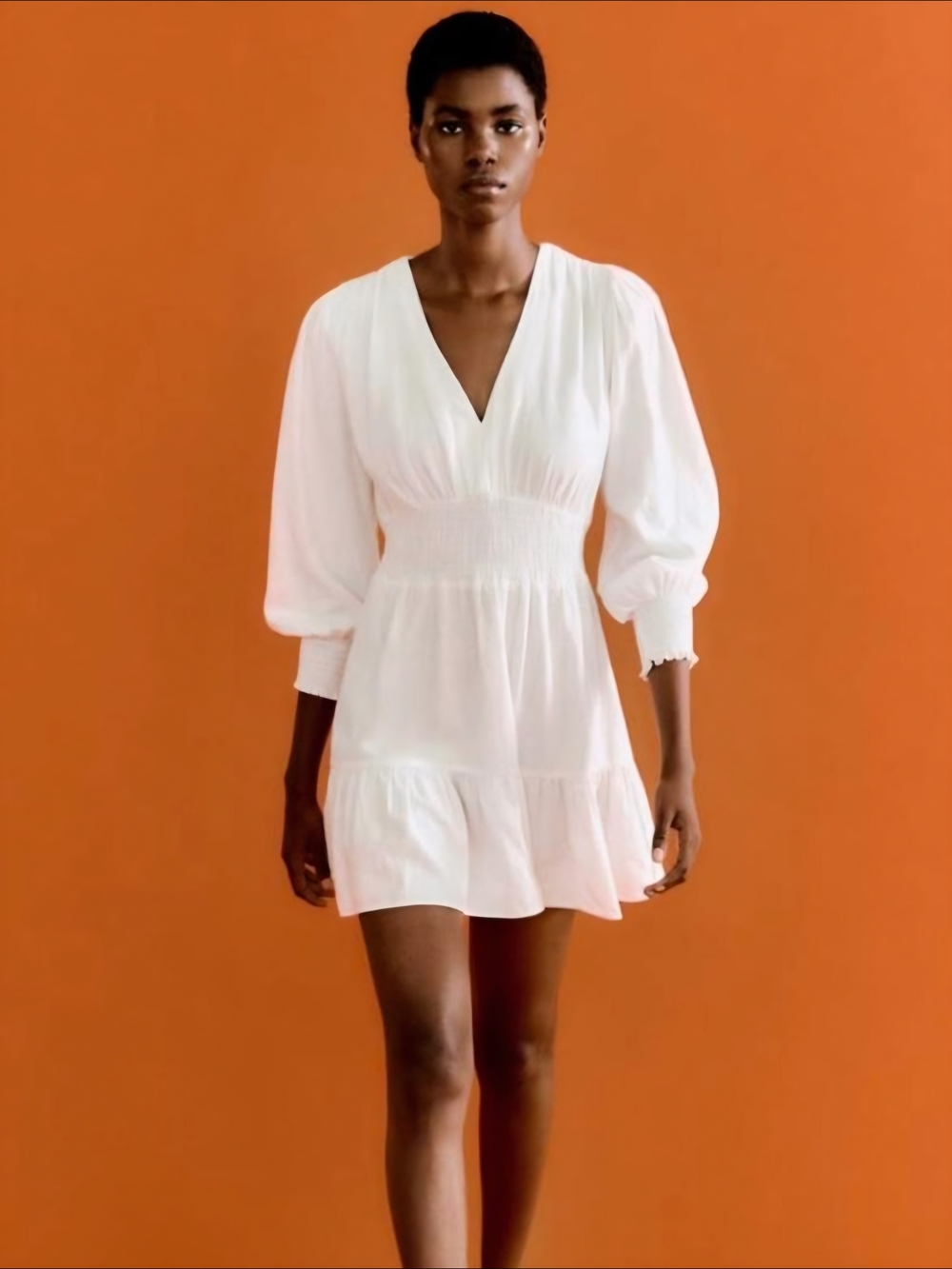 Zara White V-Neck Smocked Waist Beachy Country Chic Boho Mini Dress